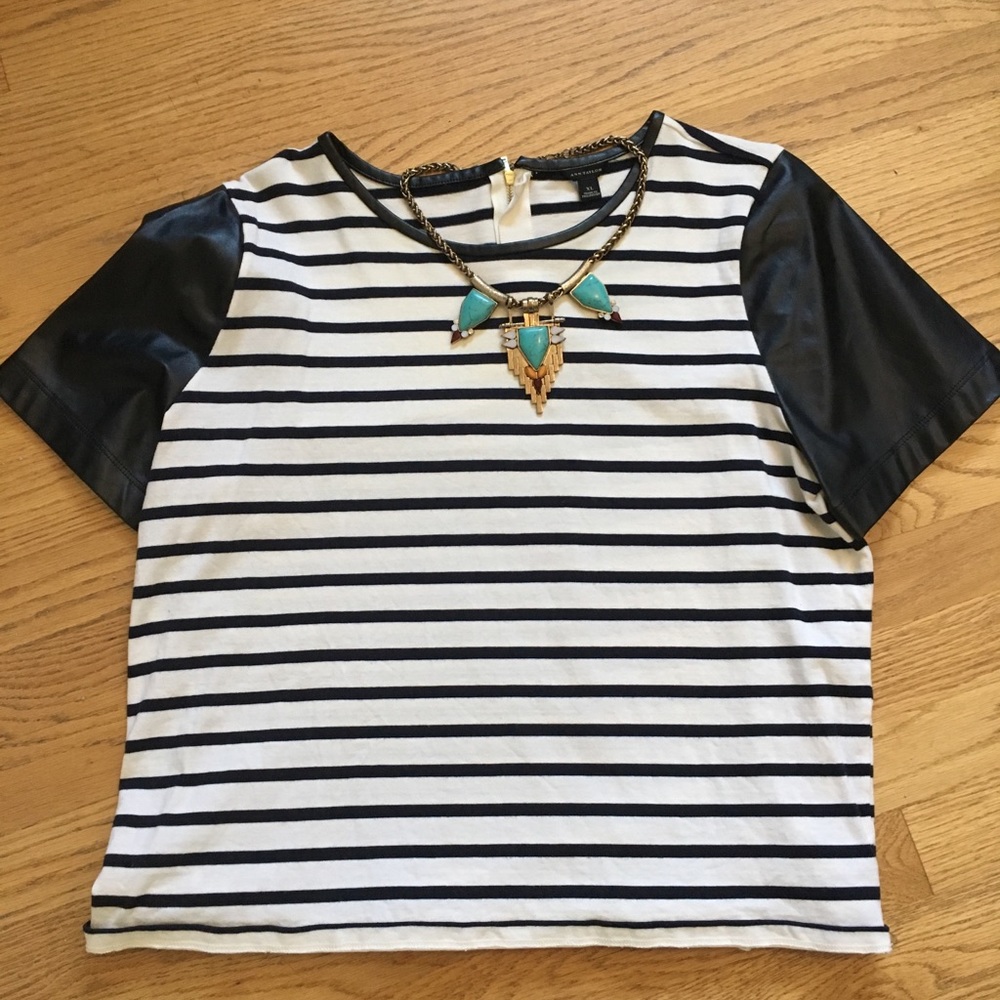 Ann Taylor, black and white stripe, leather tee